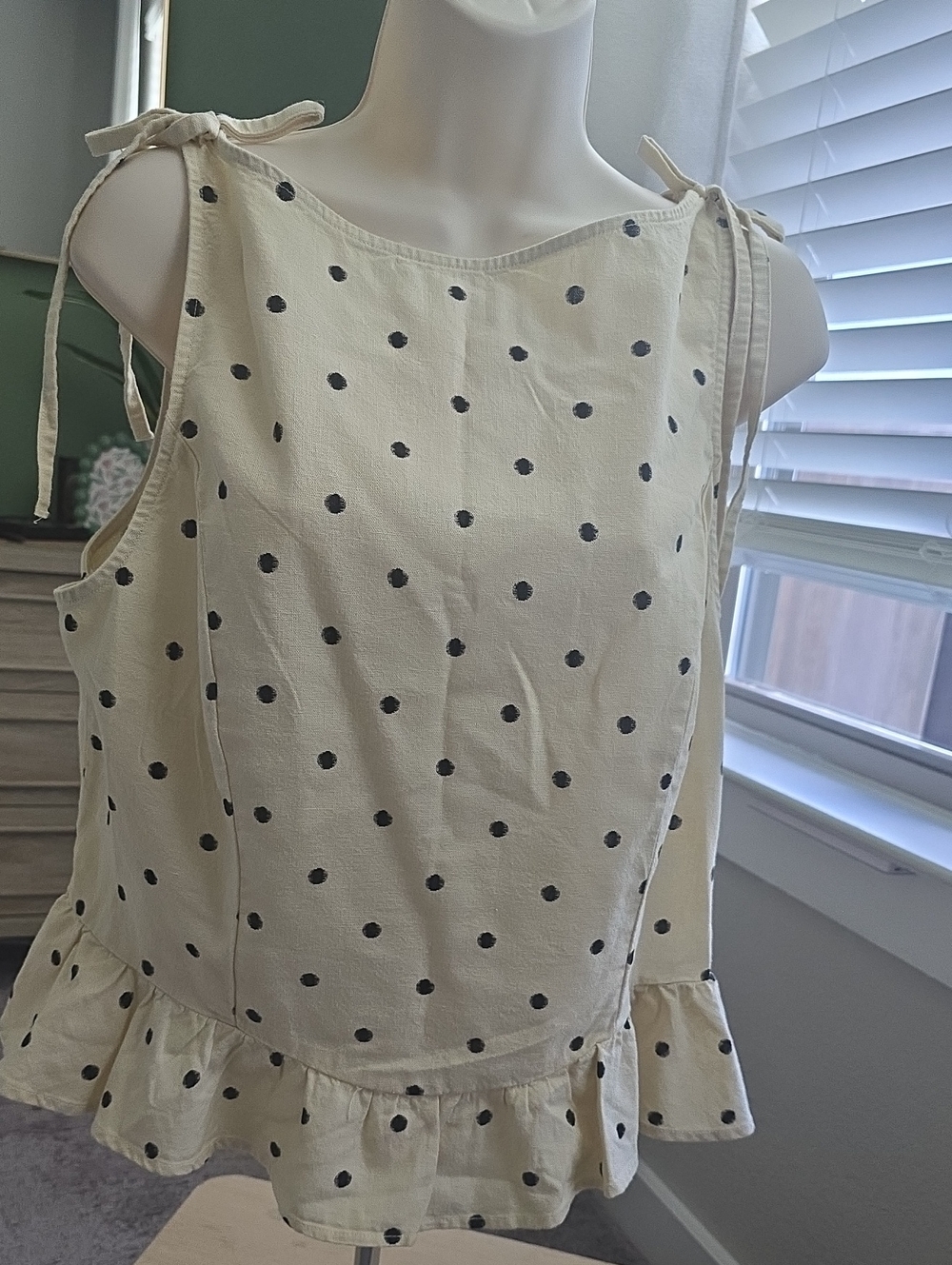 H&M Cream Tank Top with Black Polka Dots and Tie Shoulders